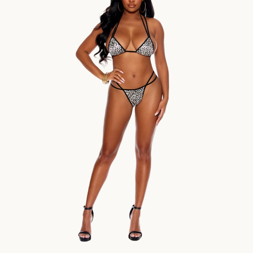 Animal Print Charmeuse String Bra & Thong Lingerie Set Leopard - Picture 4 of 9